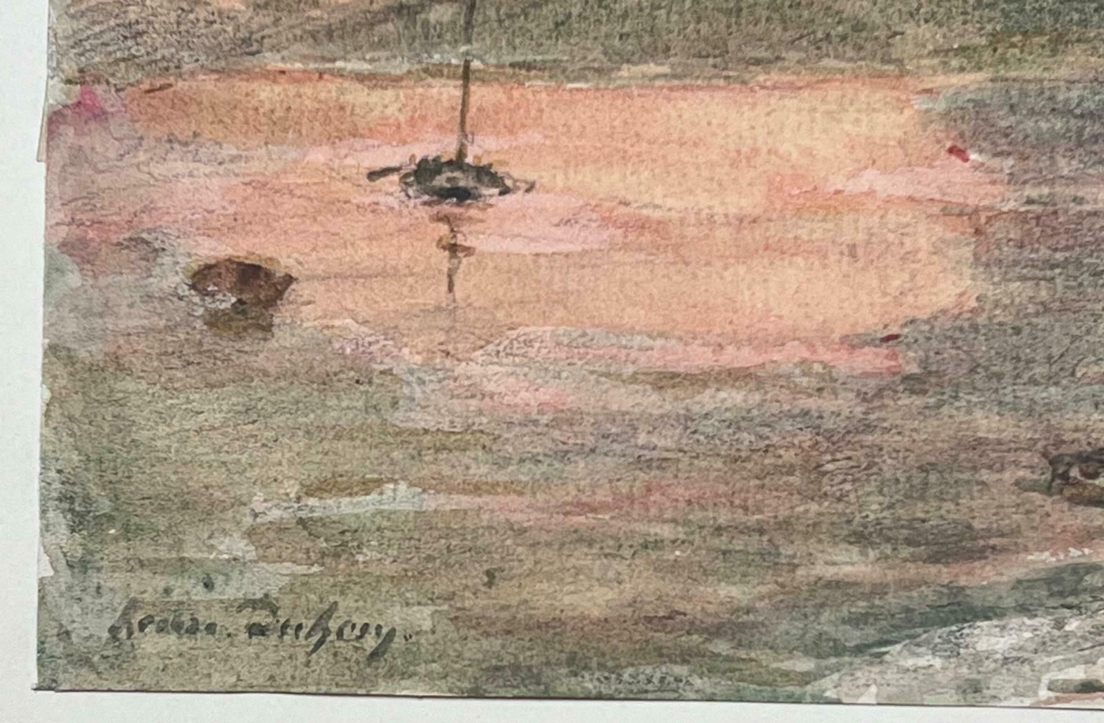Henri Aime Duhemfine Antique French Impressionist Fishing Boats Anchored At Sunset photo for sale