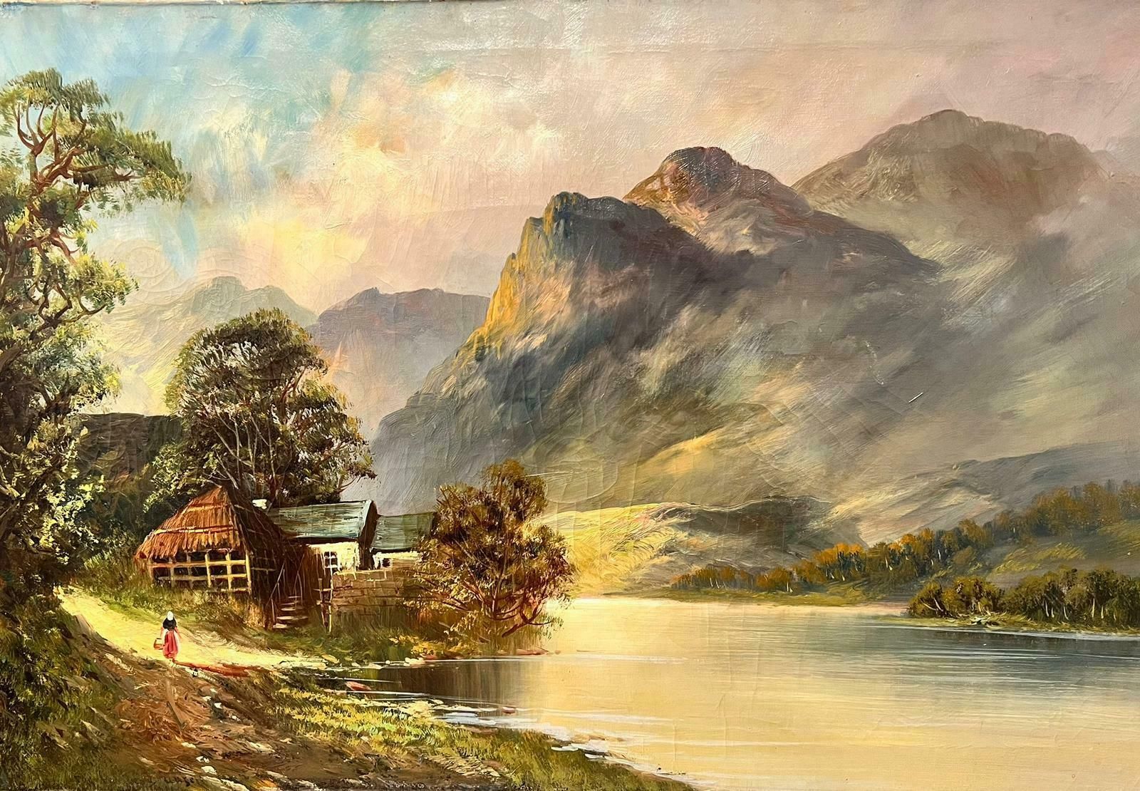 Francis E. Jamiesonantique Scottish Oil Painting Highland Loch Lady By Cottage Mountains