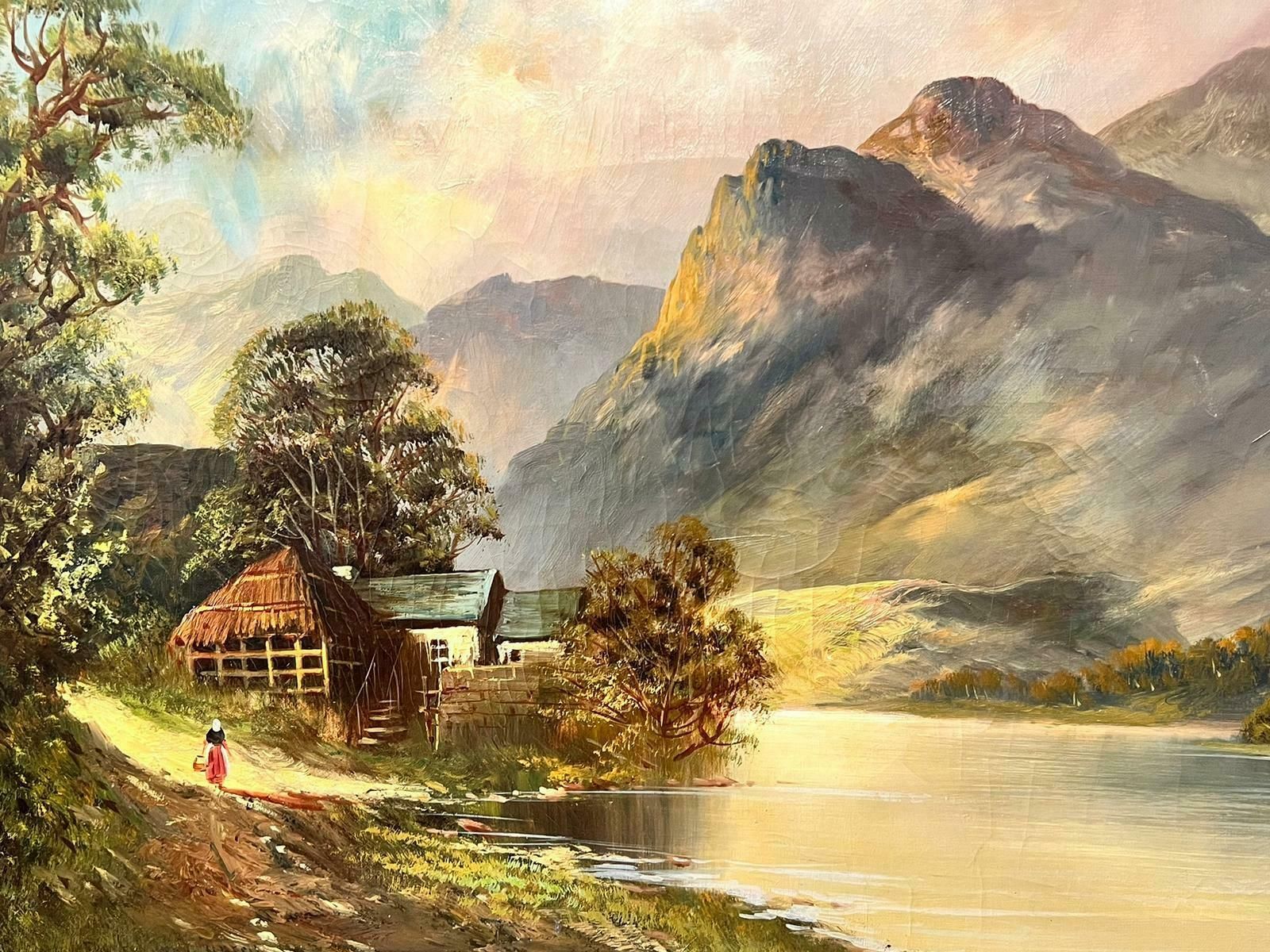 Francis E. Jamiesonantique Scottish Oil Painting Highland Loch Lady By Cottage Mountains photo furniture