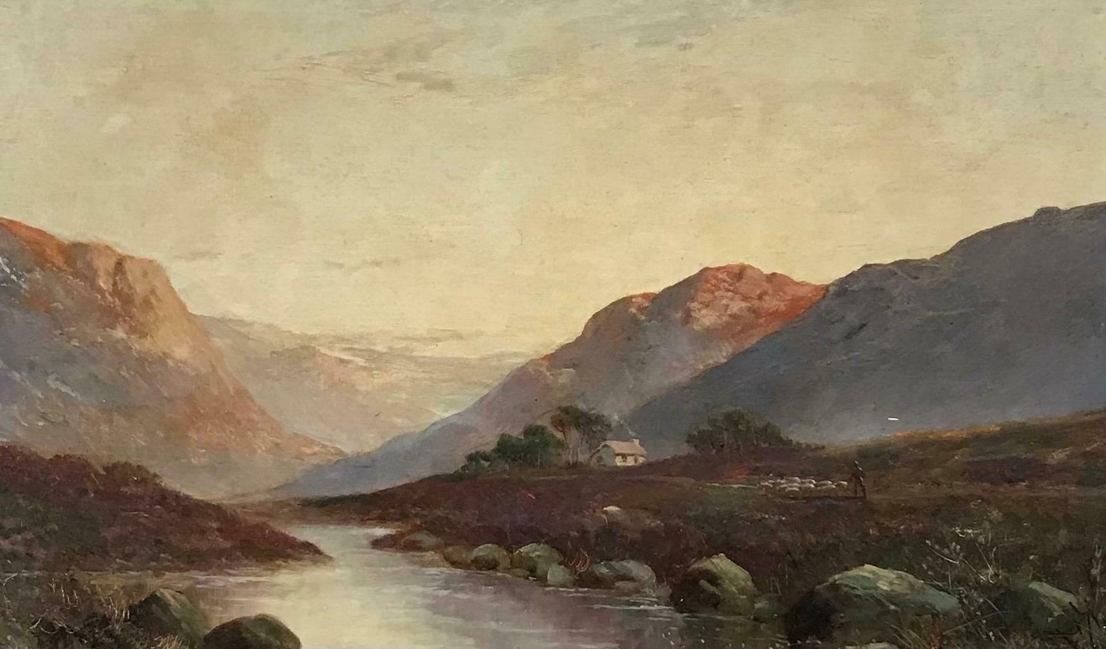 Francis E. Jamiesonantique Scottish Highlands Cottage In Mountain Glen At Sunset, Signed Oil