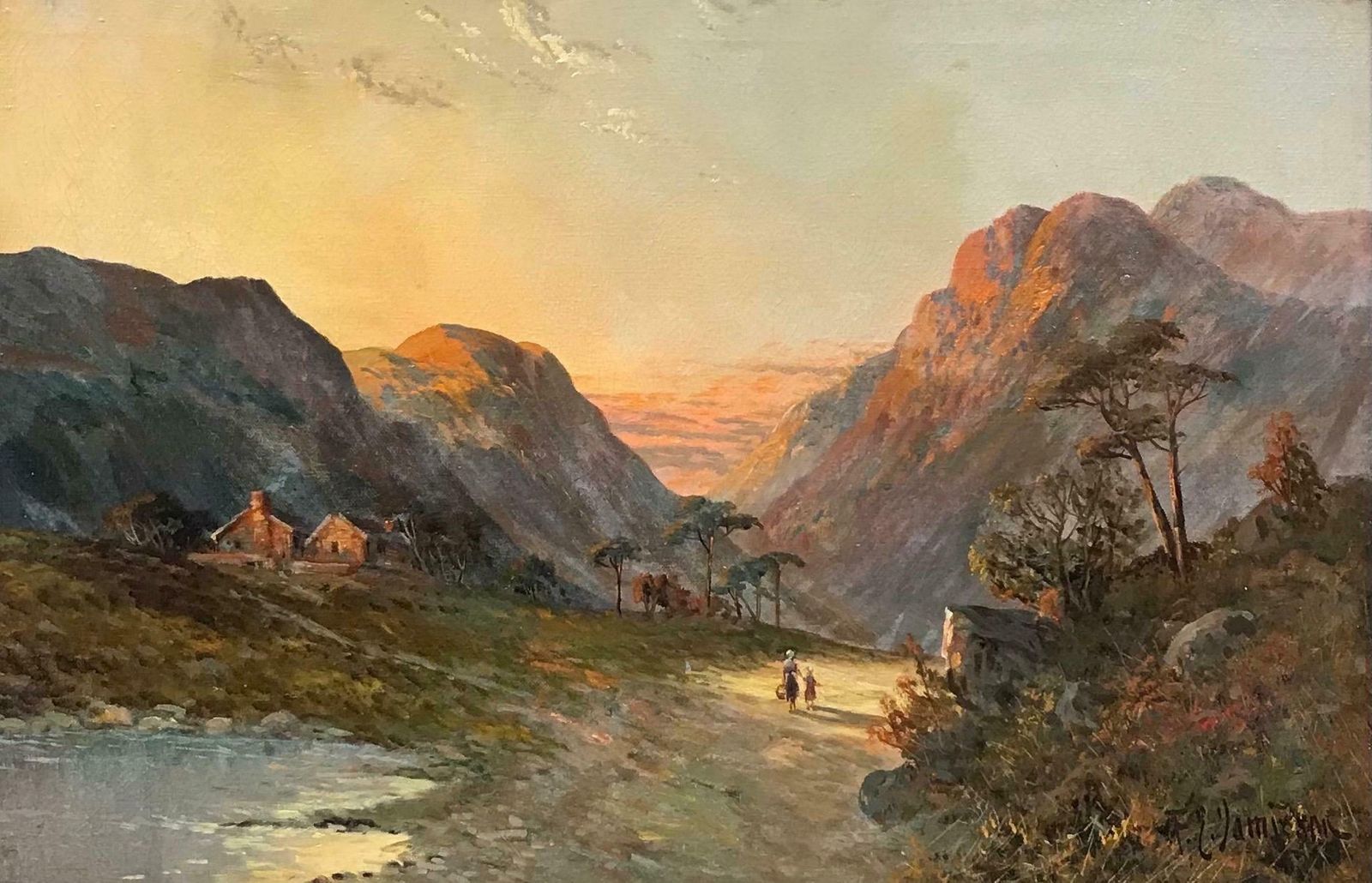 Francis E. Jamiesonromantic Scottish Highlands Antique Oil Painting, Mother & Child Glen Pathway