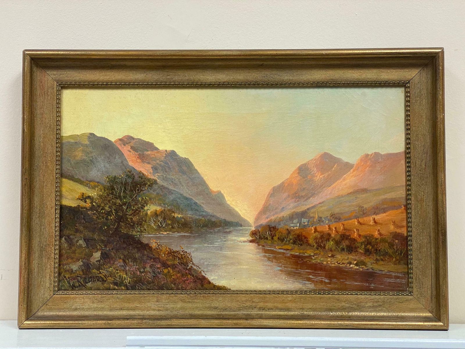 Francis E. Jamiesonantique Scottish Highlands Oil Painting Golden Harvest Field By The River Bankc.1930's photo furniture