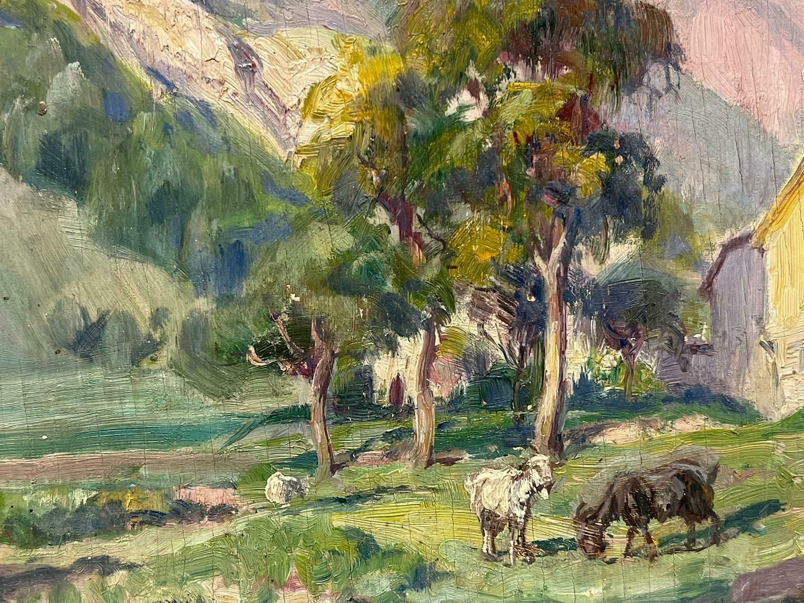 Edmond Quinton1930's French Impressionist Signed Oil Painting Goats Munching On Green Grass1930's photo Art