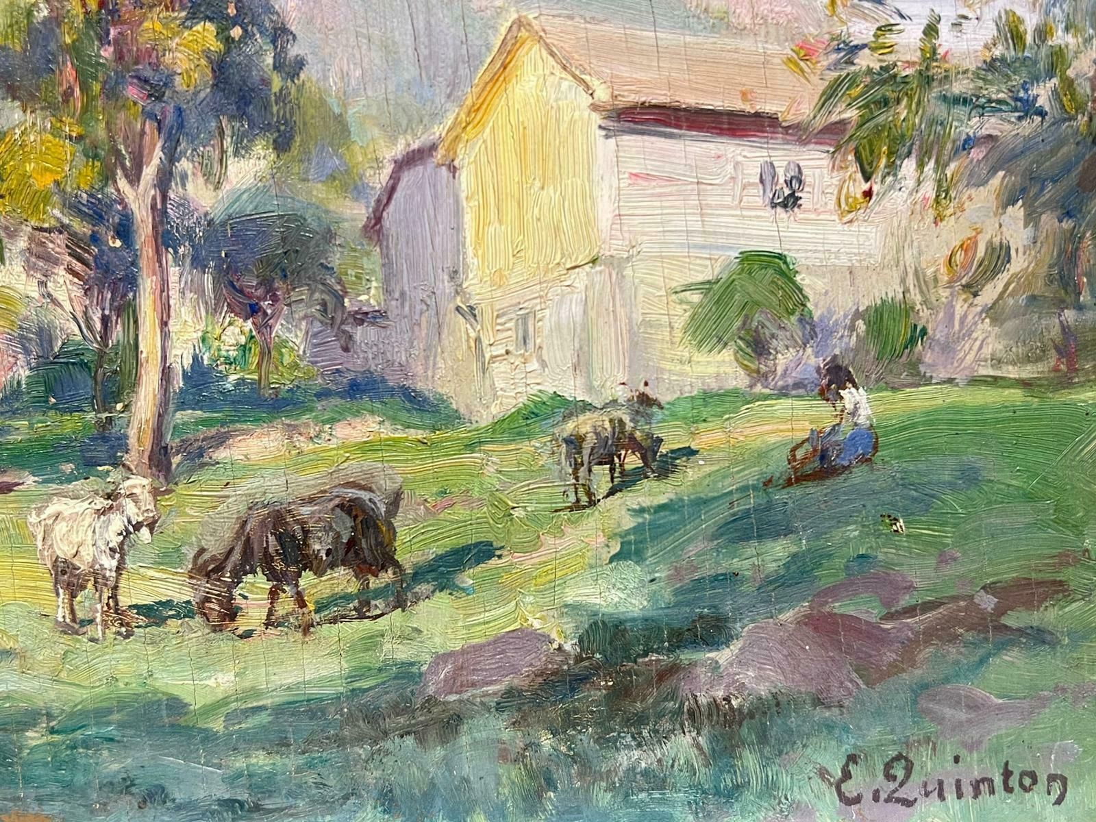 Edmond Quinton1930's French Impressionist Signed Oil Painting Goats Munching On Green Grass1930's photo 667.0