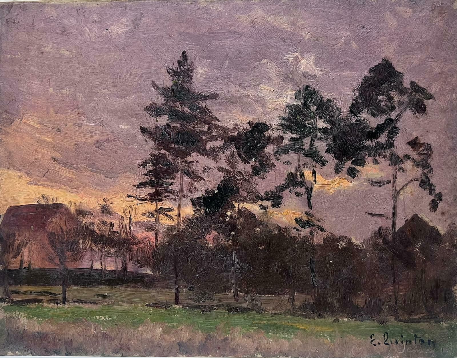Edmond Quintonfrench Impressionist Signed Oil Painting Purple Cloudy Sky Over Tall Tree's1930's