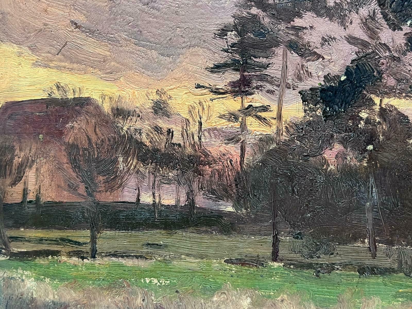Edmond Quintonfrench Impressionist Signed Oil Painting Purple Cloudy Sky Over Tall Tree's1930's photo for sale