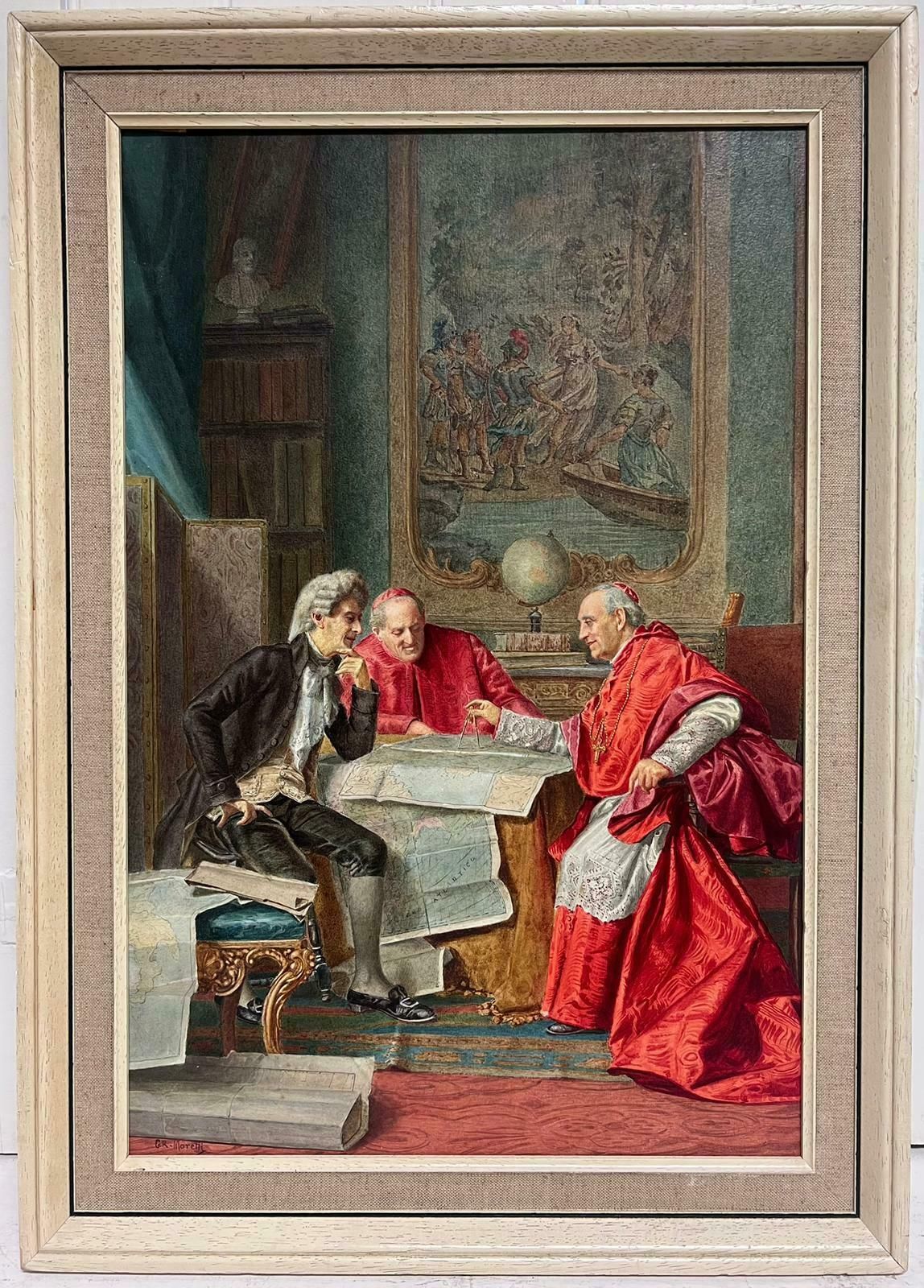Italian Antiquecardinals & Explorer Discussing Maps Grand Elaborate Interior Antique Painting photo furniture