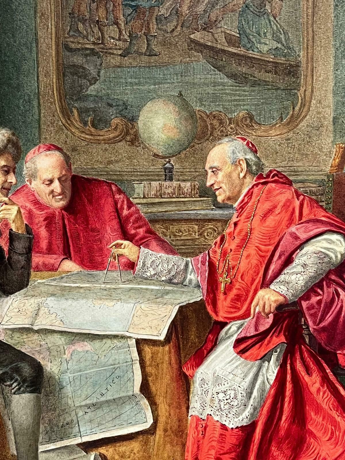 Italian Antiquecardinals & Explorer Discussing Maps Grand Elaborate Interior Antique Painting photo for sale