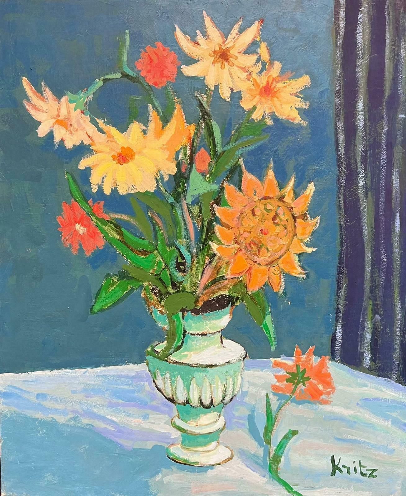 Michel Kritzfrench Impressionist Signed Oil Sunflowers In Interior Room Setting 20th Century