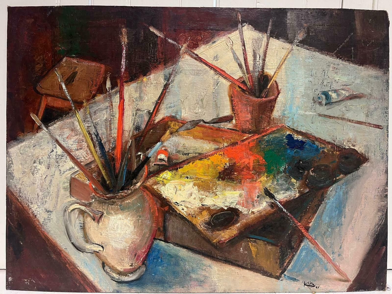 Michel Kritz1940's French Post Impressionist Signed Oil The Artists Studio Palette & Brushes1947 photo furniture
