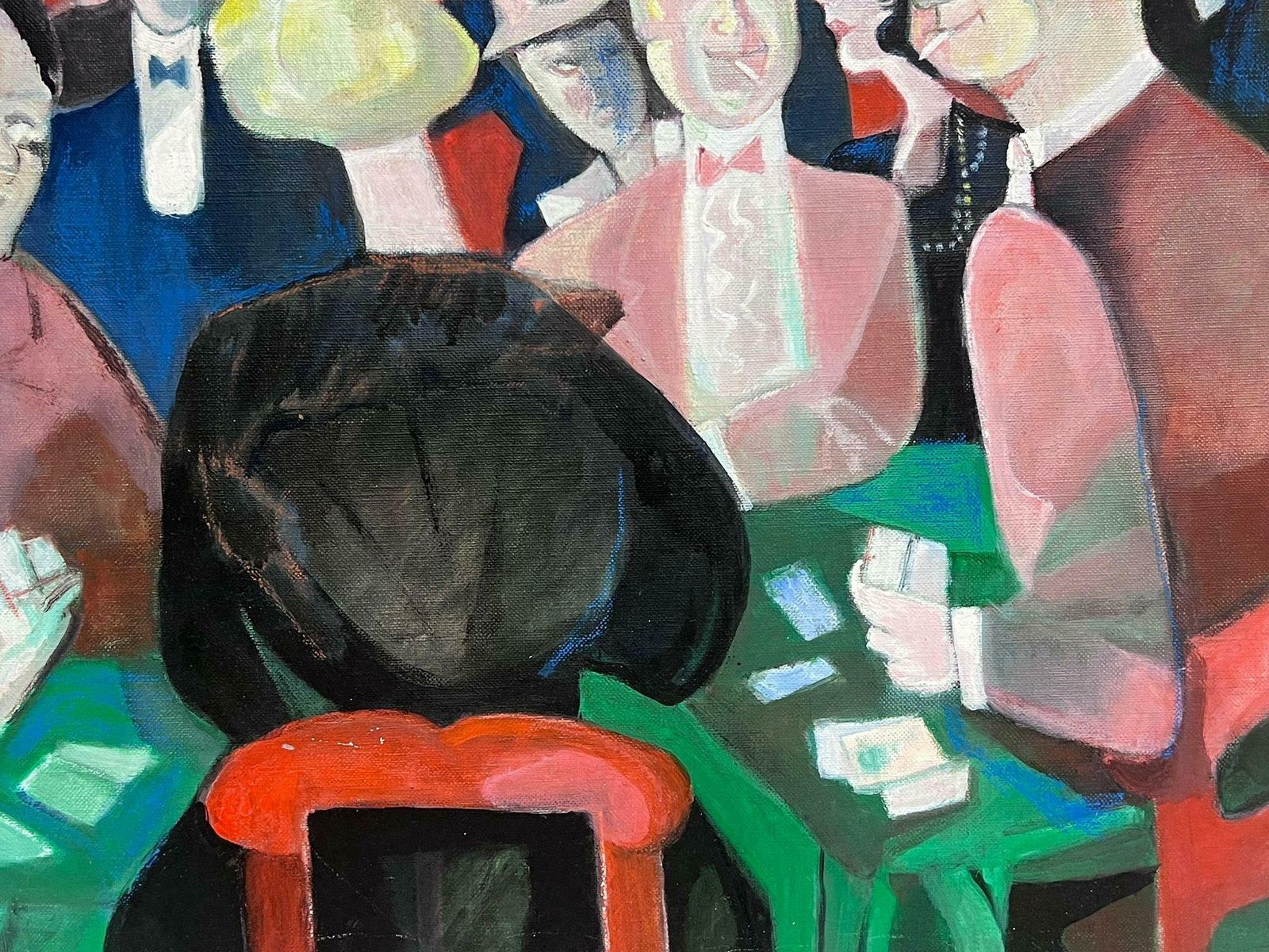French Schoollarge 1970's French Modernist Oil Painting The Card Game Players Casino Interior photo 2252.0