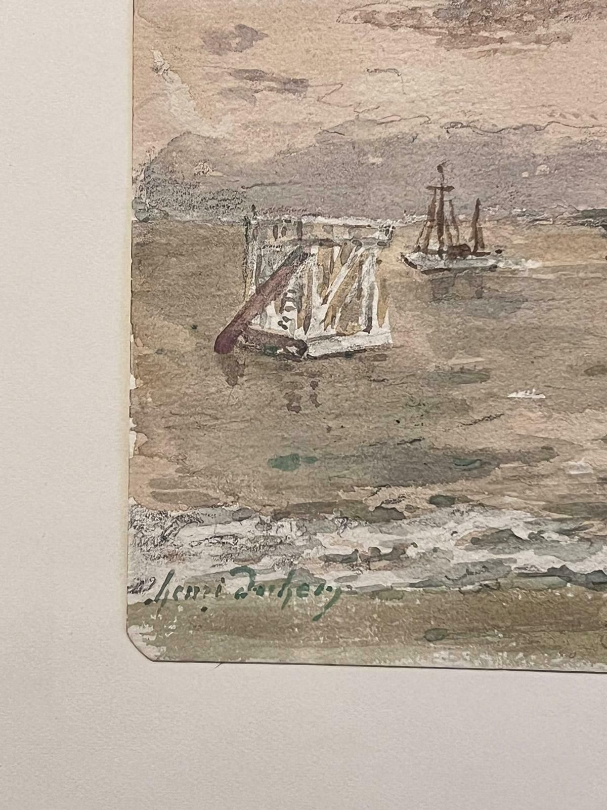 Henri Aime Duhemfine Antique French Impressionist Painting Diving Board Jetty Boats At Sea photo for sale