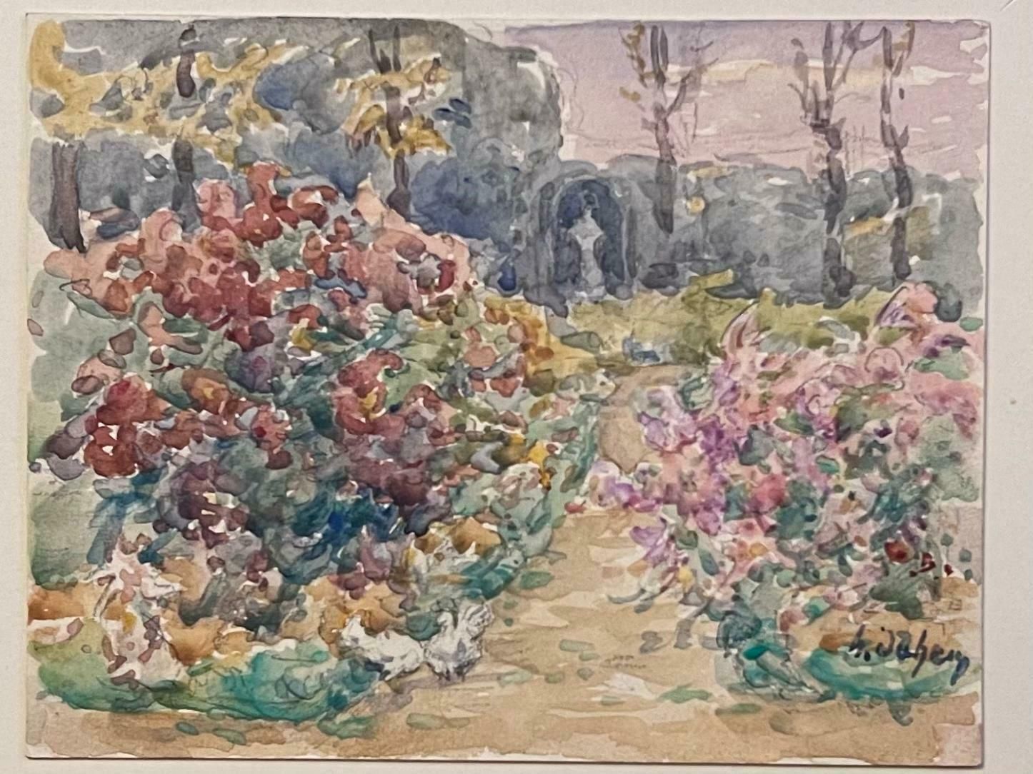 Henri Aime Duhemfine Antique French Impressionist Painting Flower Beds In Garden