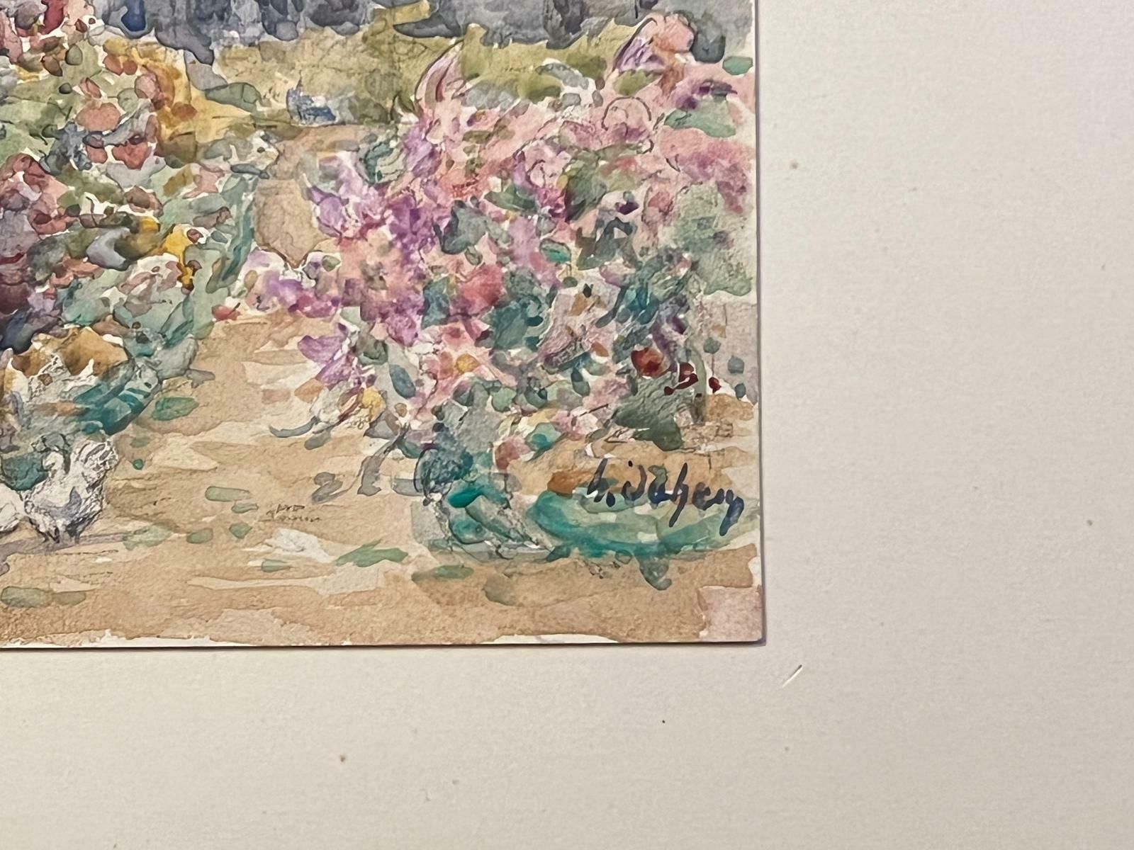 Henri Aime Duhemfine Antique French Impressionist Painting Flower Beds In Garden photo for sale
