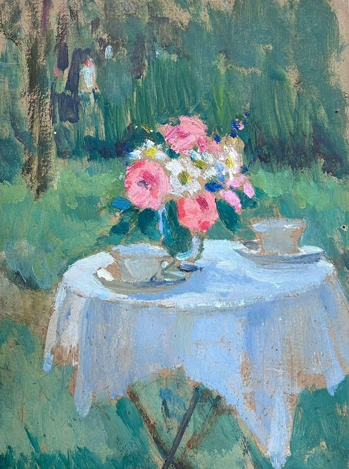 Louise Alix1930's French Impressionist Oil Roses On Table With Cup Double Sided Sketch 1930's