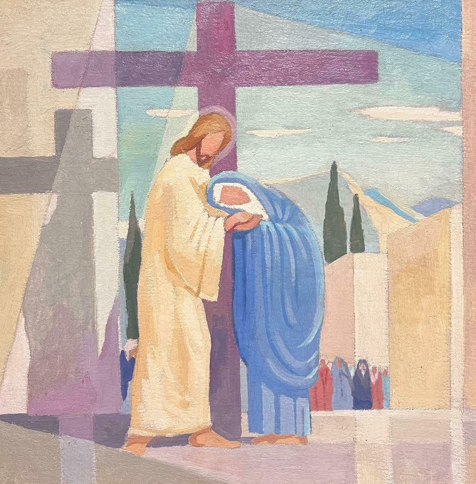 Jean Laforgue1950's French Cubist/ Modernist Oil Painting One Of The Stations Of The Cross 1950's