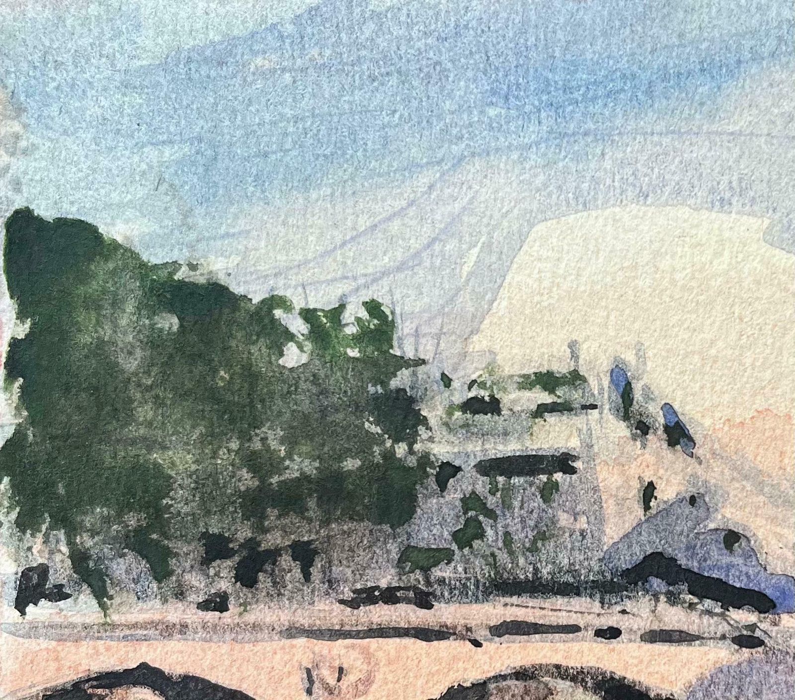 Maurice Mazeiliefrench Impressionist Watercolor Of Sunlit Parisian Bridge Scene With Trees20th Century photo for sale