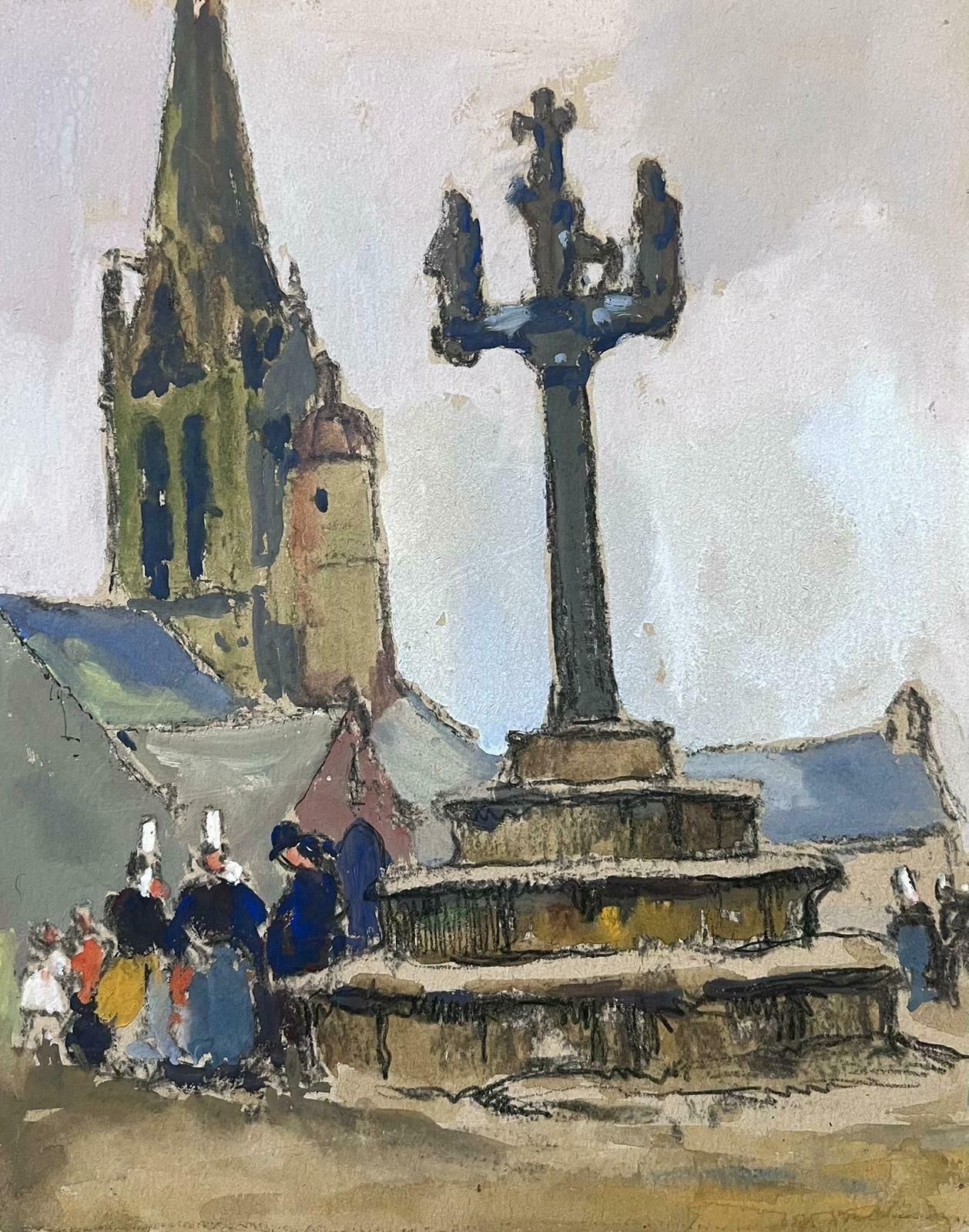 Jean Laforguemid 20th Century French Painting Busy Figures Around The Town Podium