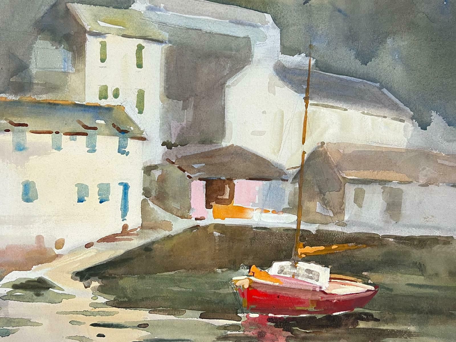 Frank Duffieldbritish Mid 20th Century Impressionist Painting Red Sailing Boat In Grey Docksmid 20th Century photo for sale