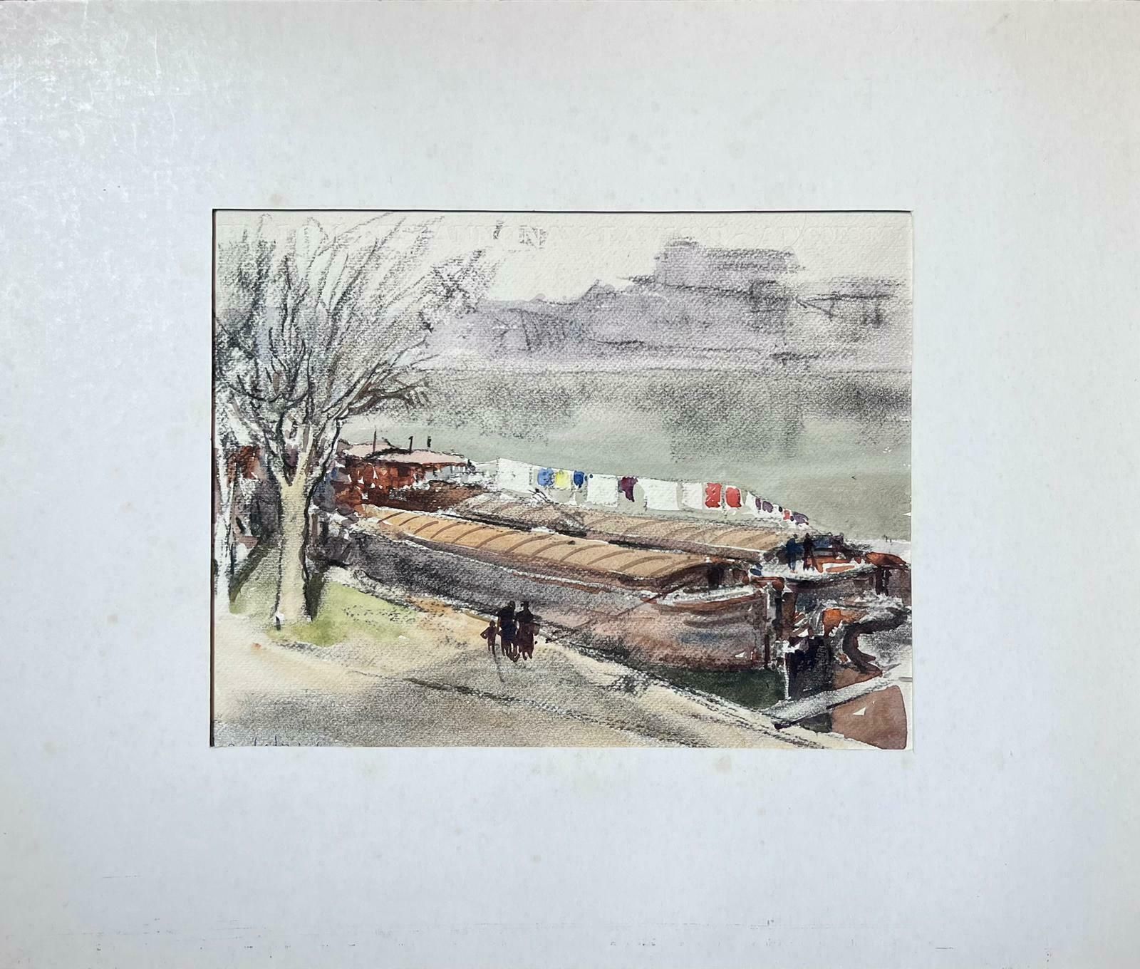 Jean Laforguemid 20th Century French Signed Painting Washing Line On A House River Boat photo Art