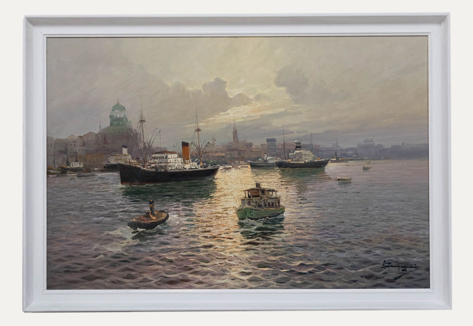 Licinio Campagnari (1920 1981) Large 20th Century Oil, Ships At Sunset