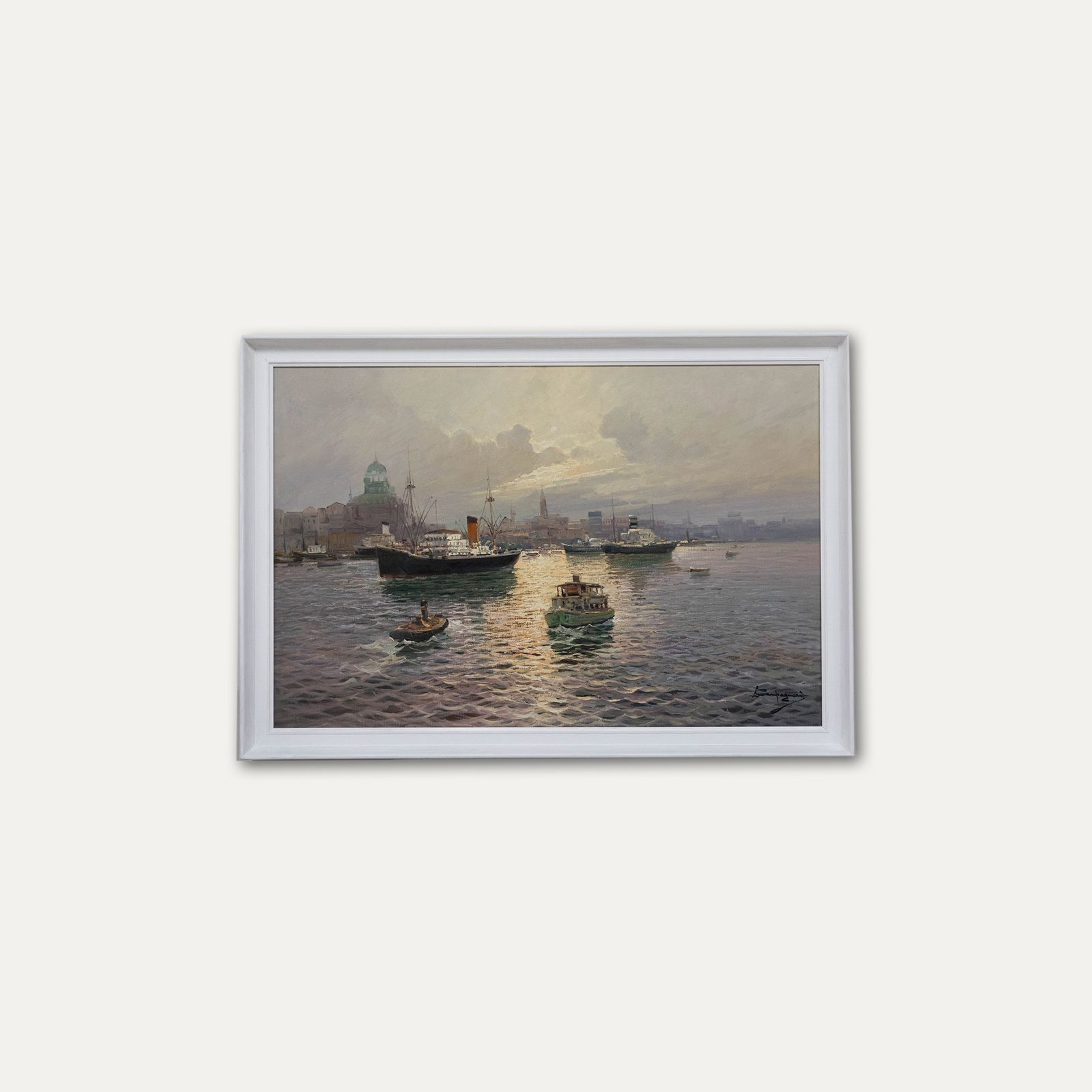 Licinio Campagnari (1920 1981) Large 20th Century Oil, Ships At Sunset photo buy