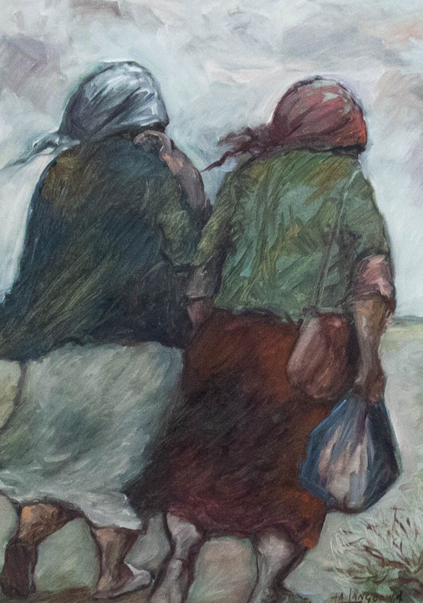 Amos A. Langdown (1930 2006) South African Oil, Two Ladies With Shopping photo furniture