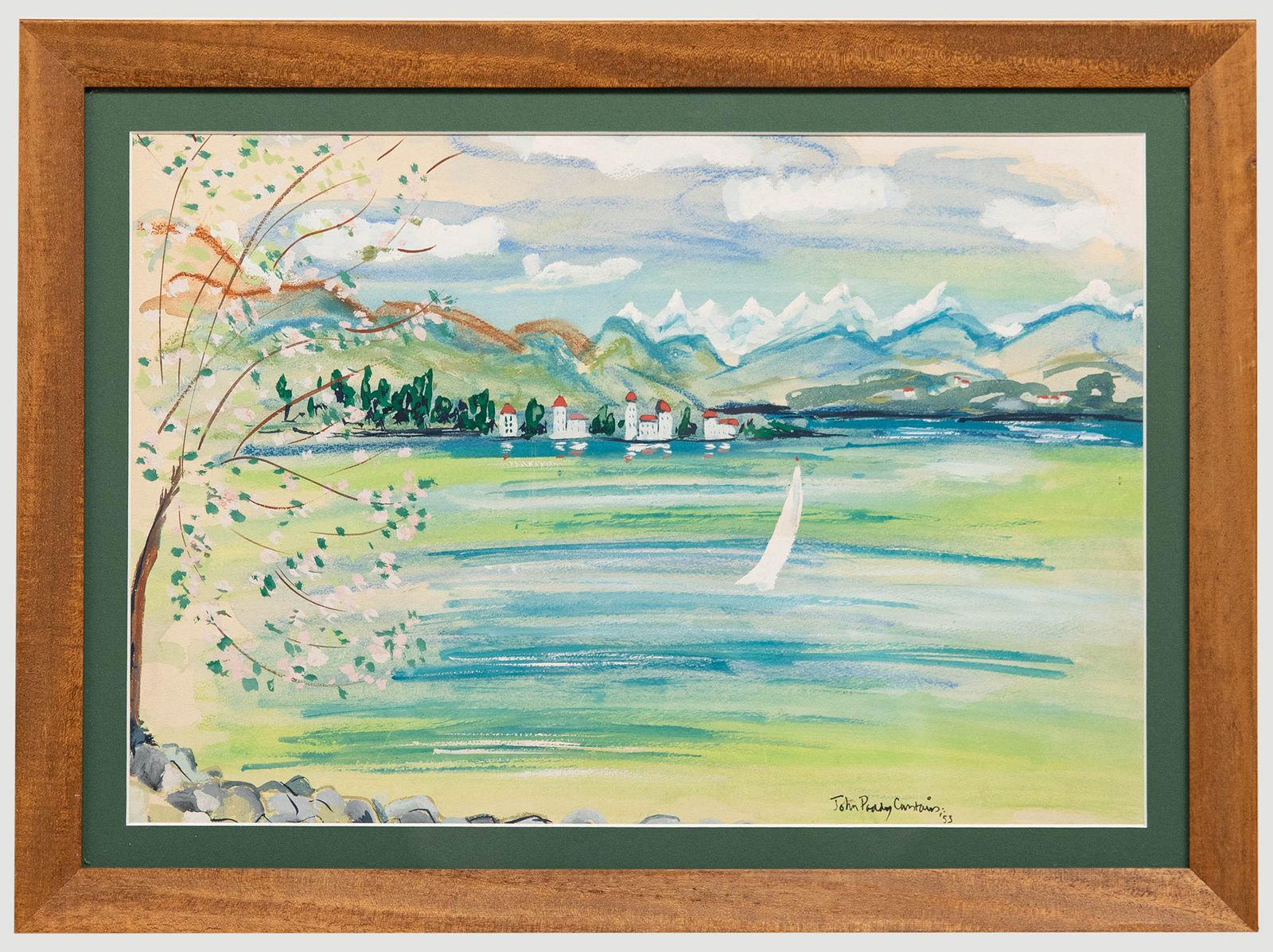 John Paddy Carstairs (1916 1970) Gouache, Lake Scene With White Sailing Boat