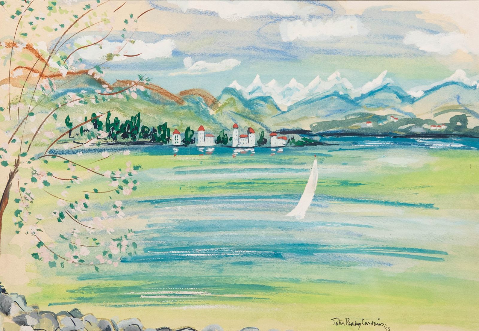 John Paddy Carstairs (1916 1970) Gouache, Lake Scene With White Sailing Boat photo furniture
