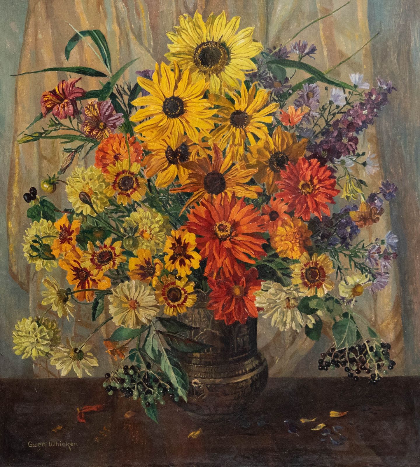 Gwen Whicker (1900 1966) Framed Mid 20th Century Oil, Late Summer Flowers photo furniture