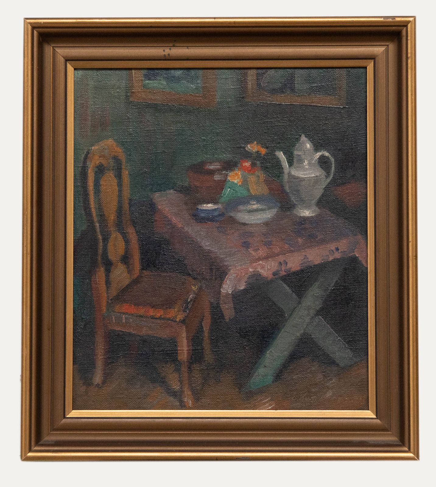 Elliot Kvalstad (1905 1938) 1932 Oil, Interior Scene, Flowers On A Table