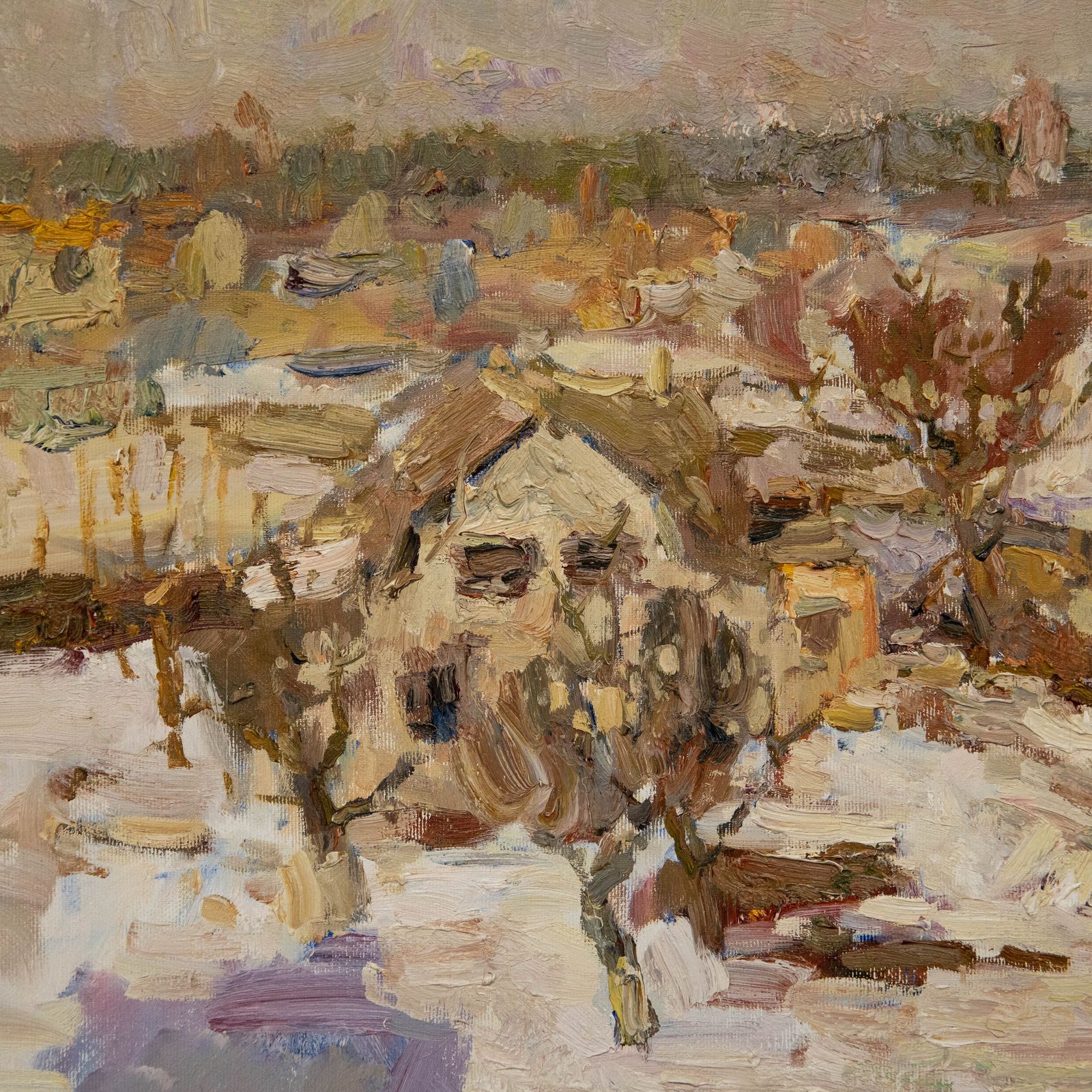 Oleksandr Khrapachov (B.1981) Contemporary Oil, Snow On The Lakeside Town photo Art