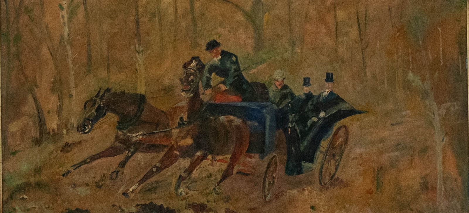 Framed Mid 20th Century Oil Gentlemen In A Horse Drawn Phaeton photo furniture
