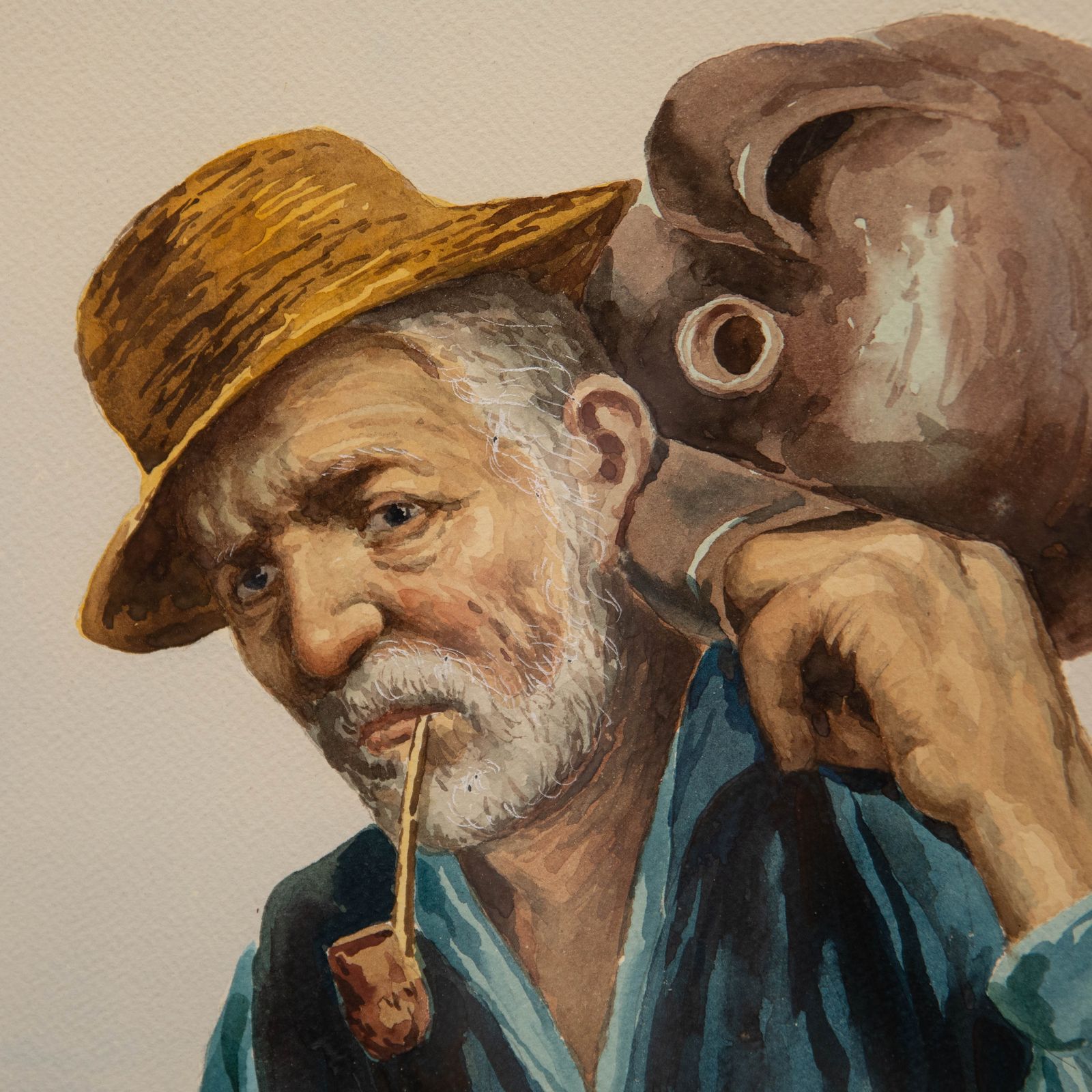 Gianni Italian School 20th Century Watercolour, Portrait Of A Man With Pipe photo Art