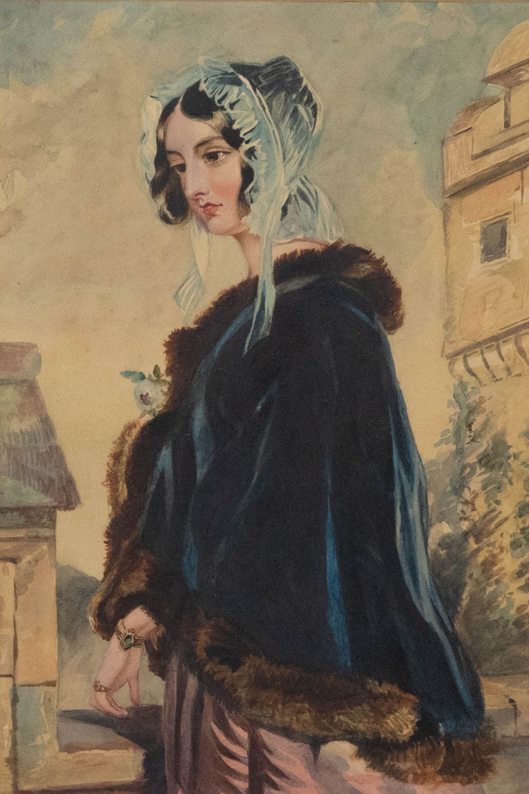 R.E. Hill Mid 19th Century Watercolour, Lady In A Fur Trimmed Cloak photo furniture