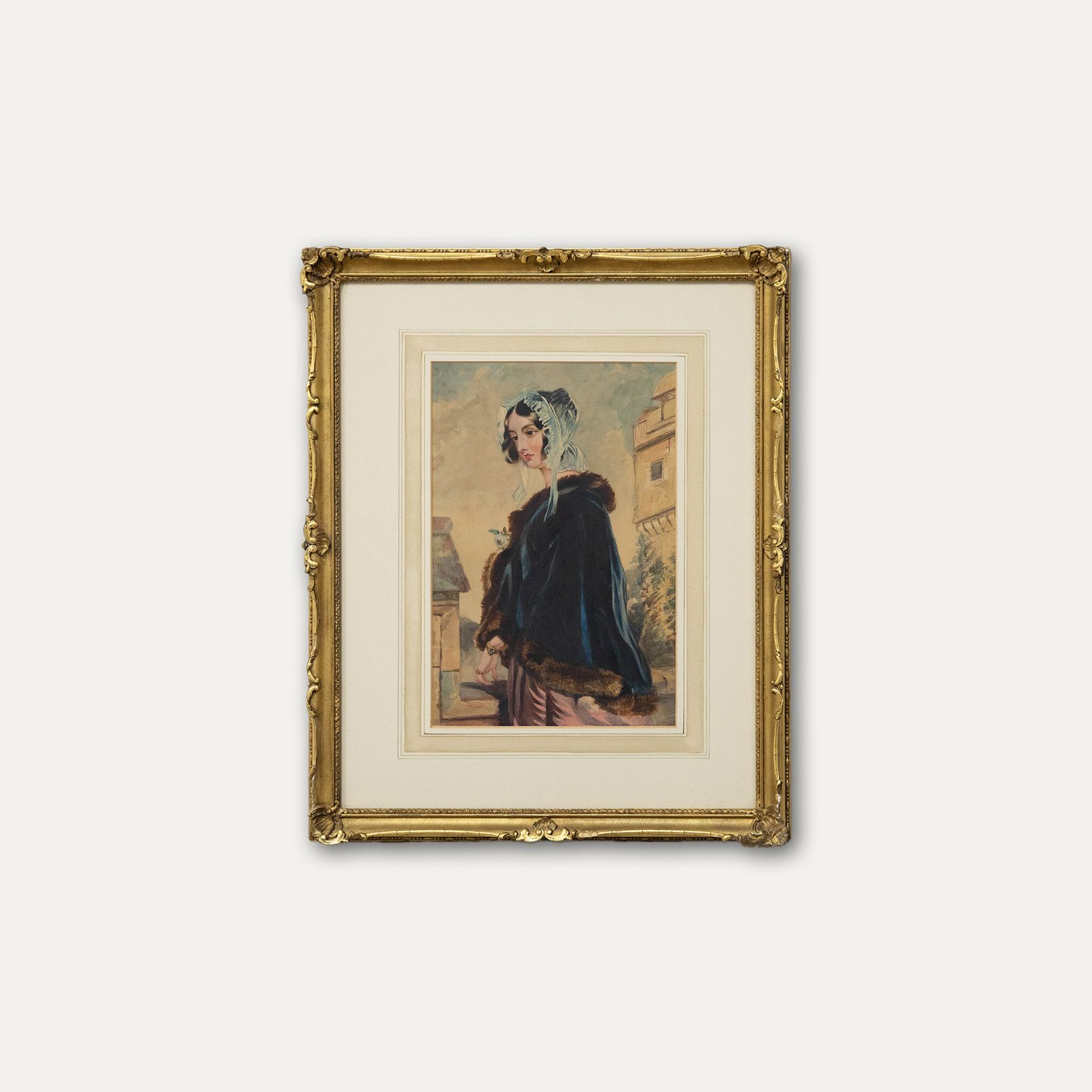 R.E. Hill Mid 19th Century Watercolour, Lady In A Fur Trimmed Cloak photo vinterior