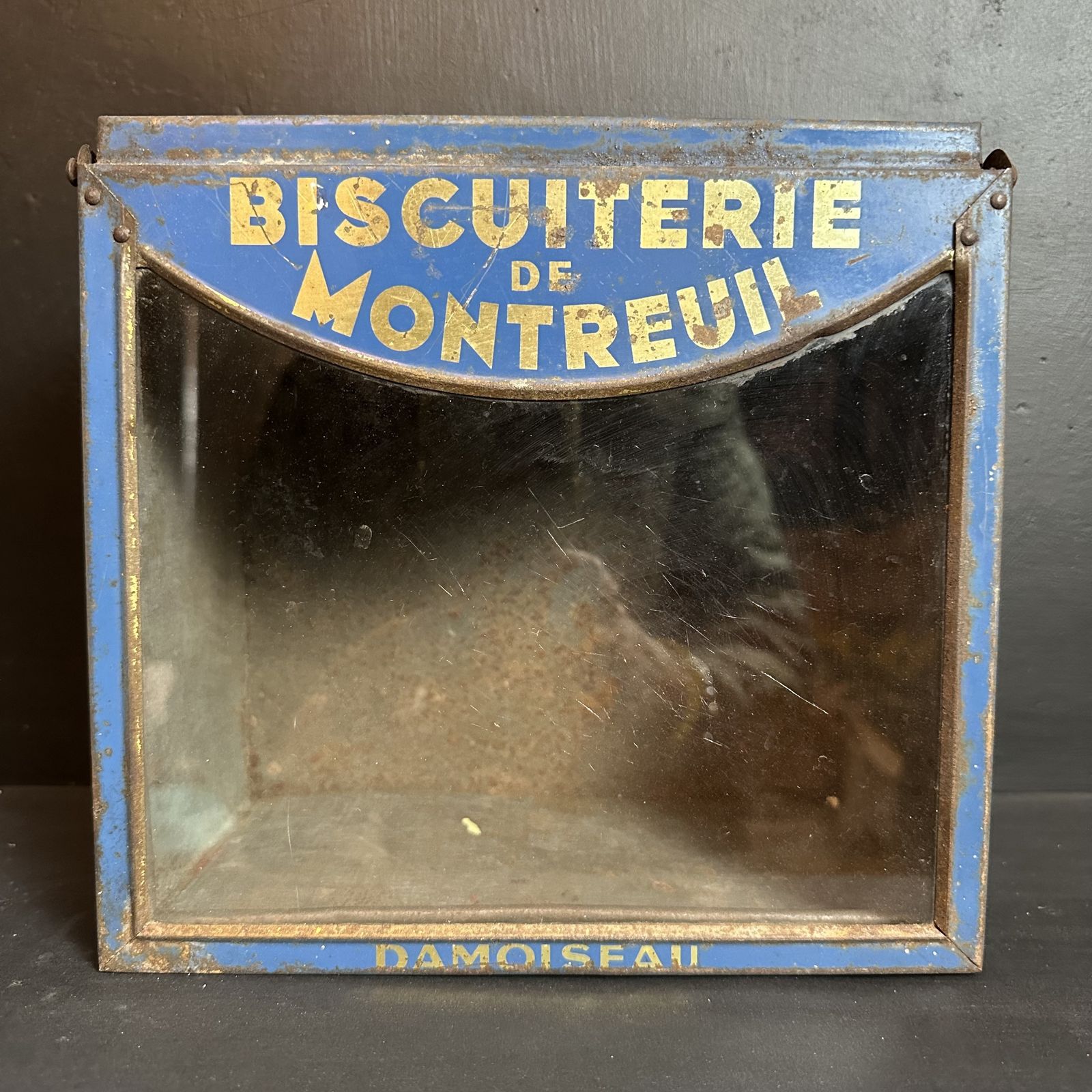 “Damoisseau Montreau” Biscuit Shop Display Hinged Tin |French Antique|Original Glass