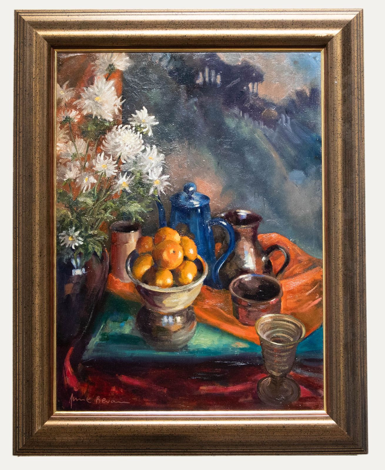 June Bevan (B.1927) 20th Century Oil, Chrysanthemums, Clementines And Teapot