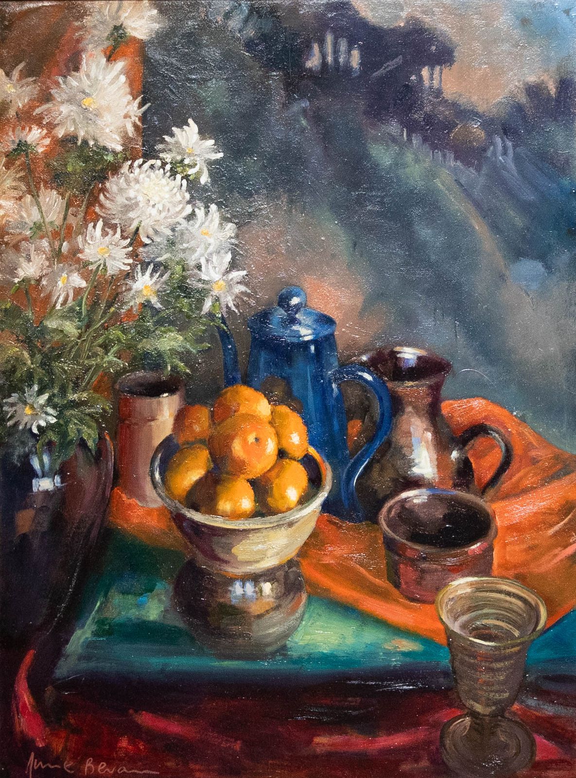 June Bevan (B.1927) 20th Century Oil, Chrysanthemums, Clementines And Teapot photo furniture