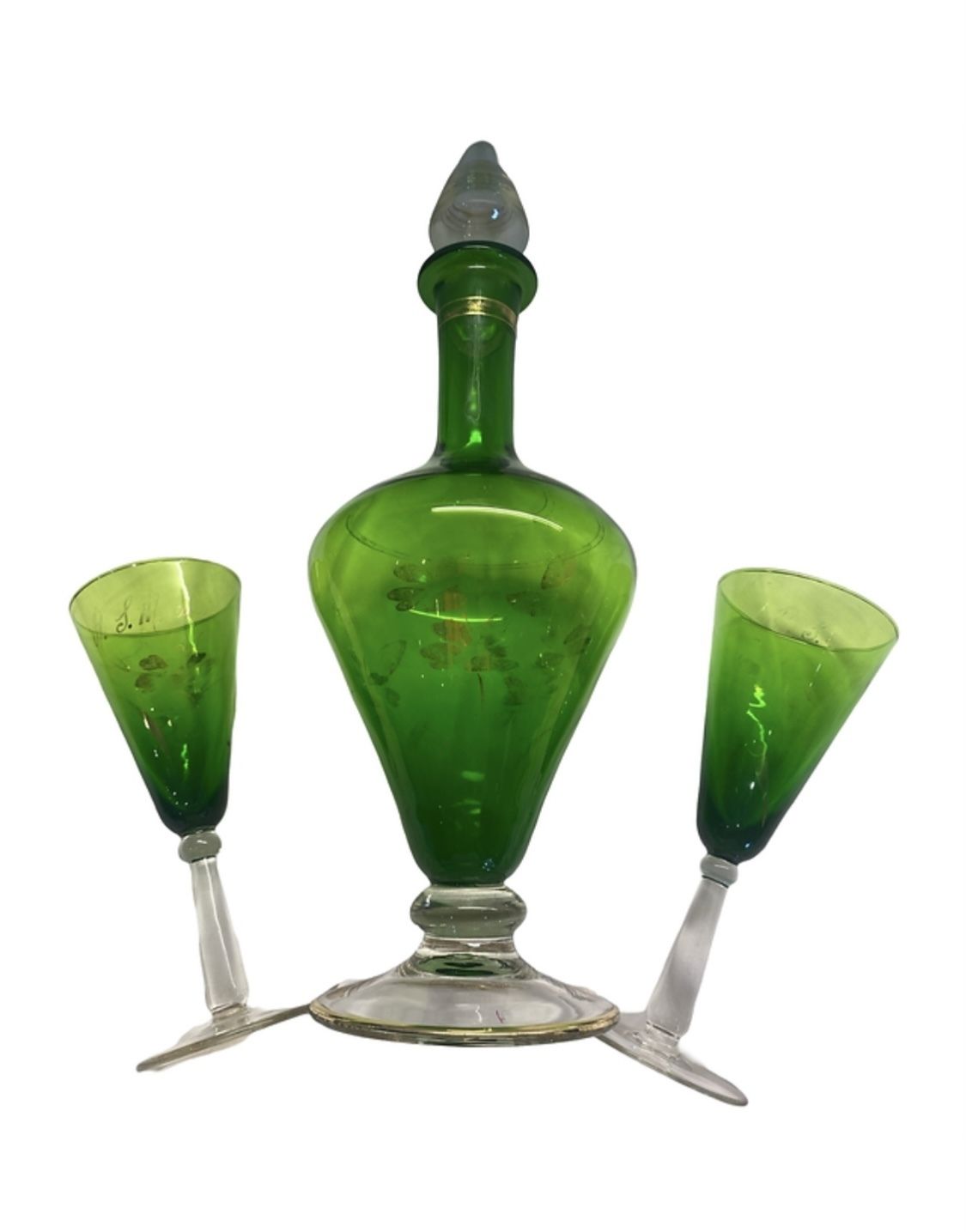 Emerald Green Art Deco Decanter And 2 Wine Glasses