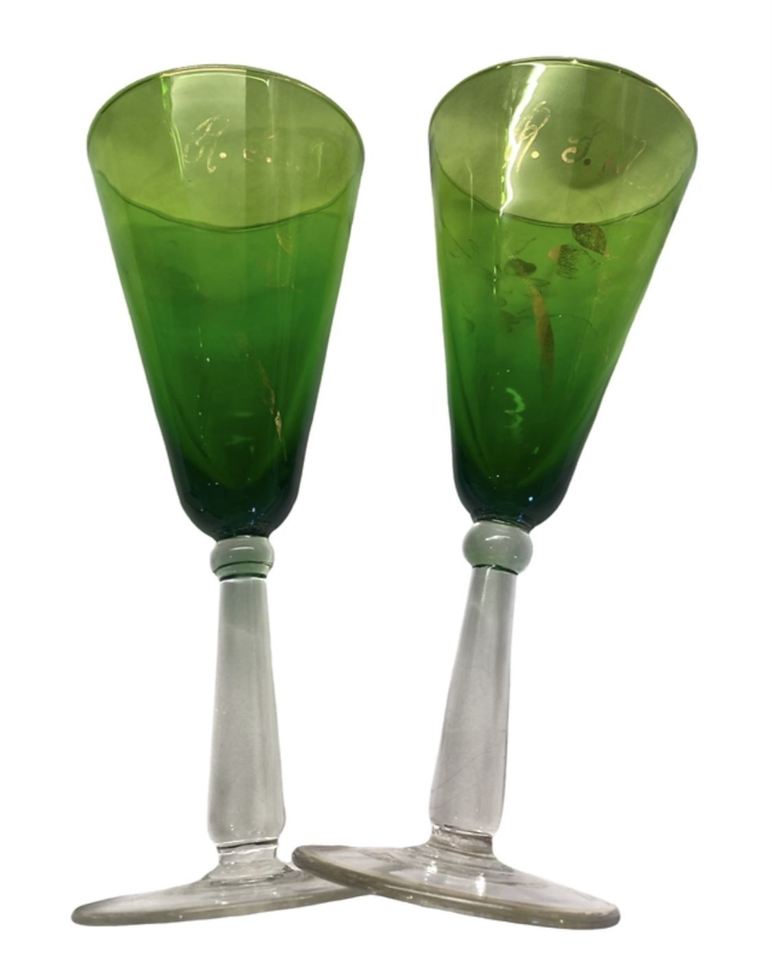 Emerald Green Art Deco Decanter And 2 Wine Glasses photo for sale