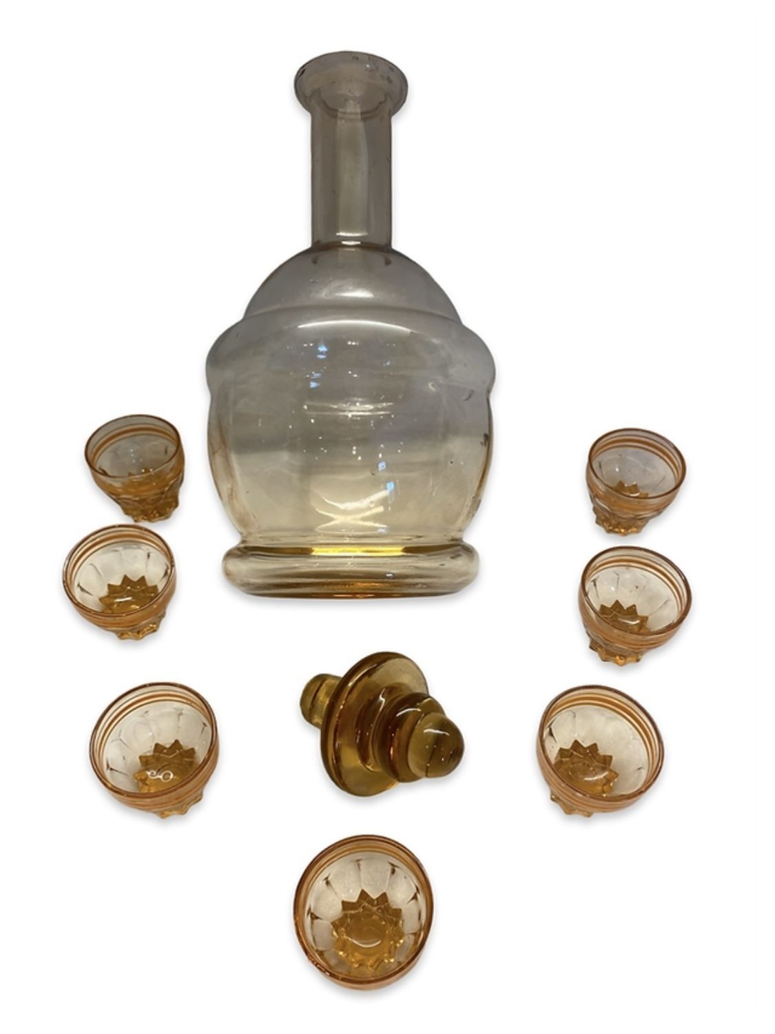 Beautiful Peach Art Deco Decanter And 7 Small Shot Glasses photo vintage