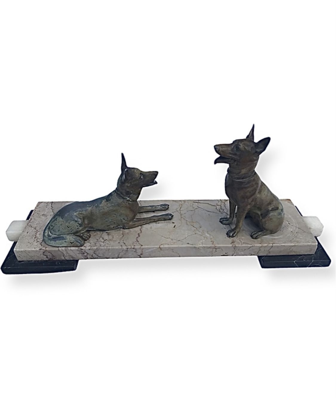 Gorgeous Art Deco Cold Painted Spelter Alsatians Seated On A Marble Base photo 395.0