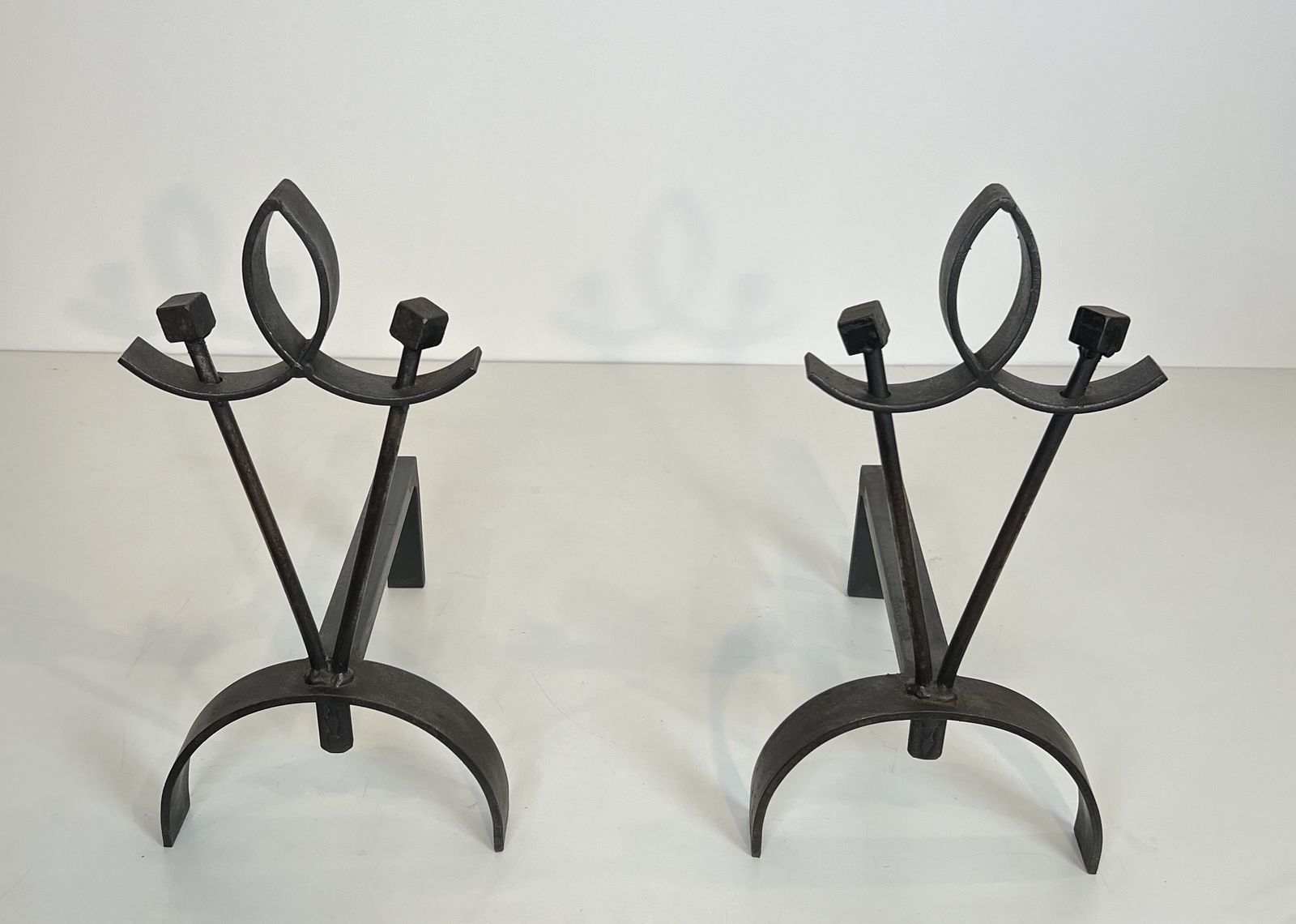 Pair Of Modernist Wrought Iron Andirons photo for sale