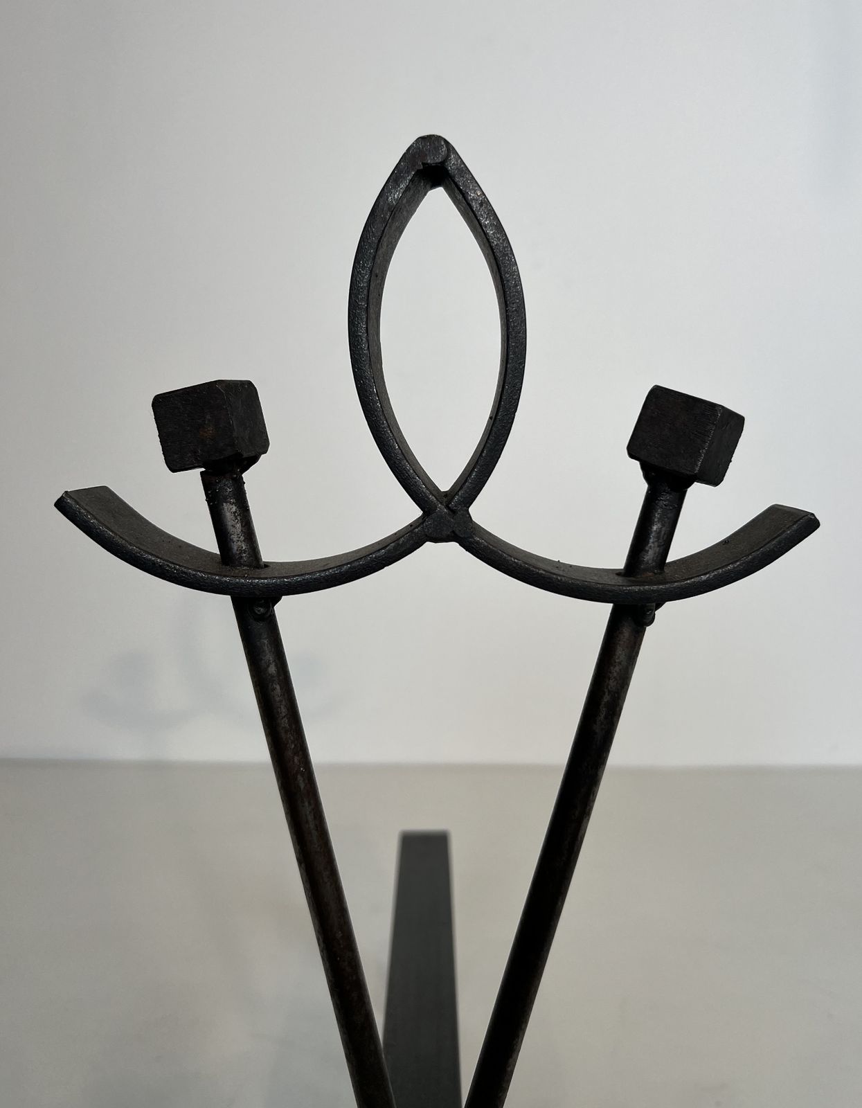 photo for sale Pair Of Modernist Wrought Iron Andirons