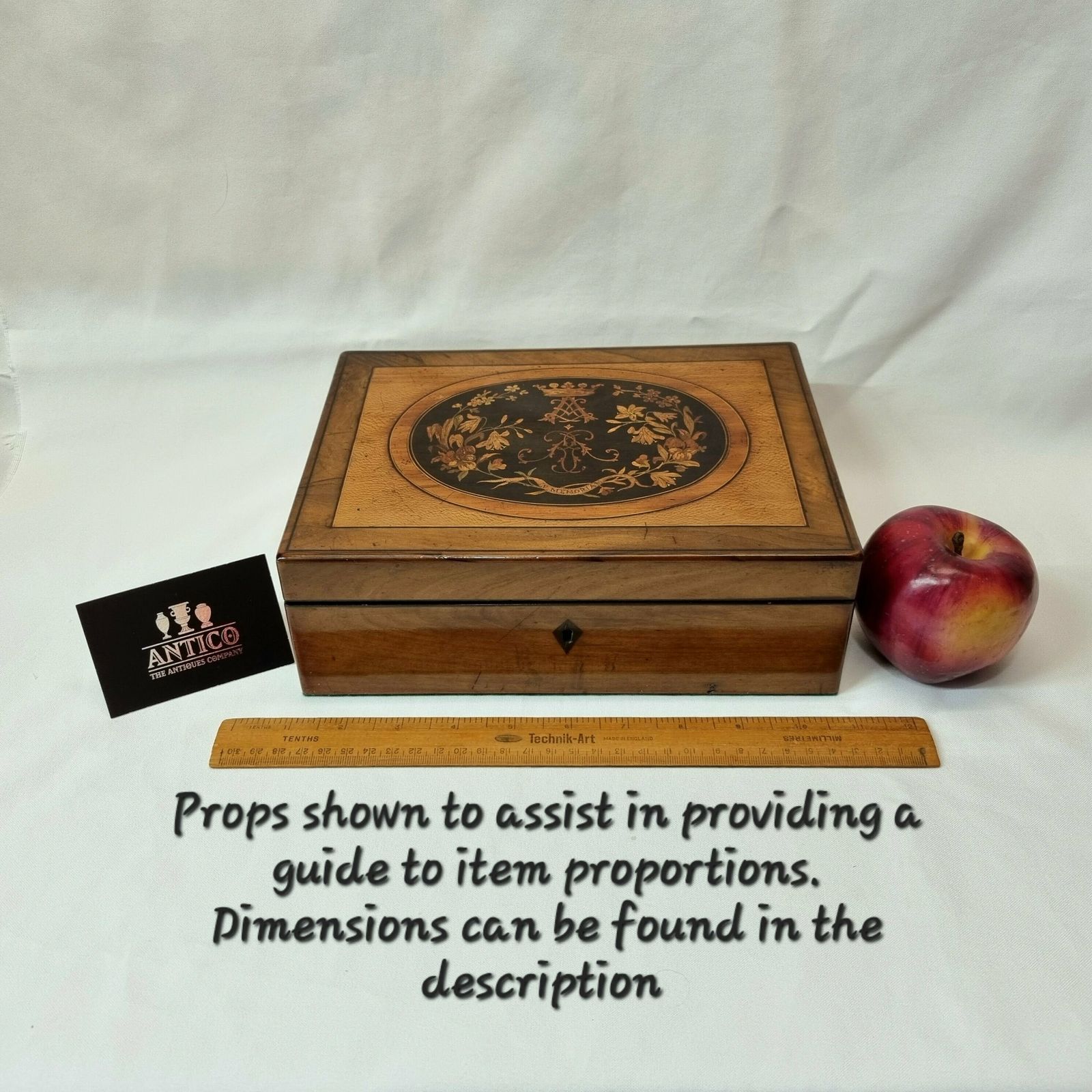 photo buy An Antique Walnut Trinket / Jewellery Box With Exceptionally Fine Inlaid Marquetry Dedicated In Memoriam To A Marquis And A Velvet Interior.