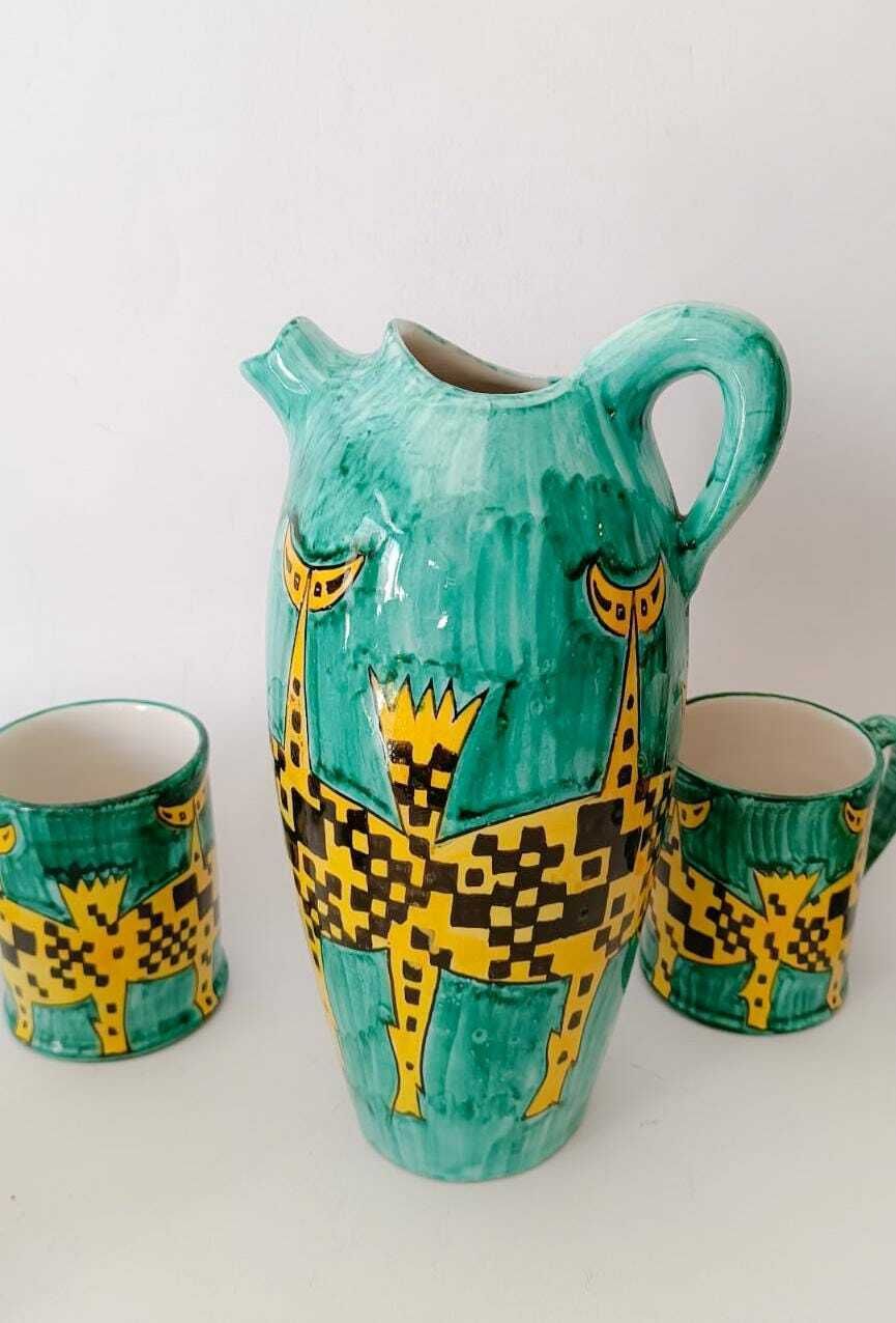 Rare Santucci Deruta Ceramic Drink Set 1 Jug 6 Cups Glasses Vintage Midcentury Modern Design photo vinterior