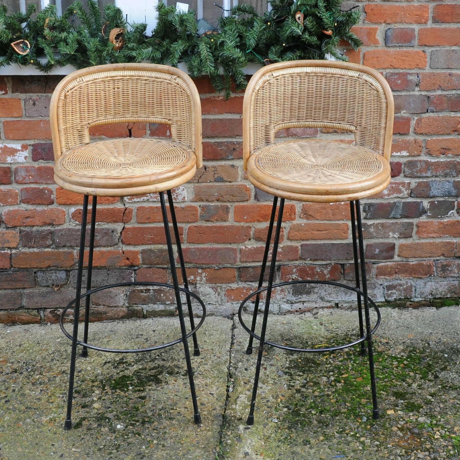 Pair Of Vintage Cast Iron And Rattan Bar Stools, 1960s photo buy