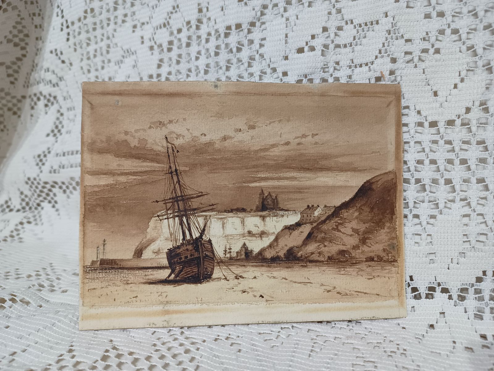 Unframed Watercolor Painting Tall Ship Whitby Low Tide. photo vinterior