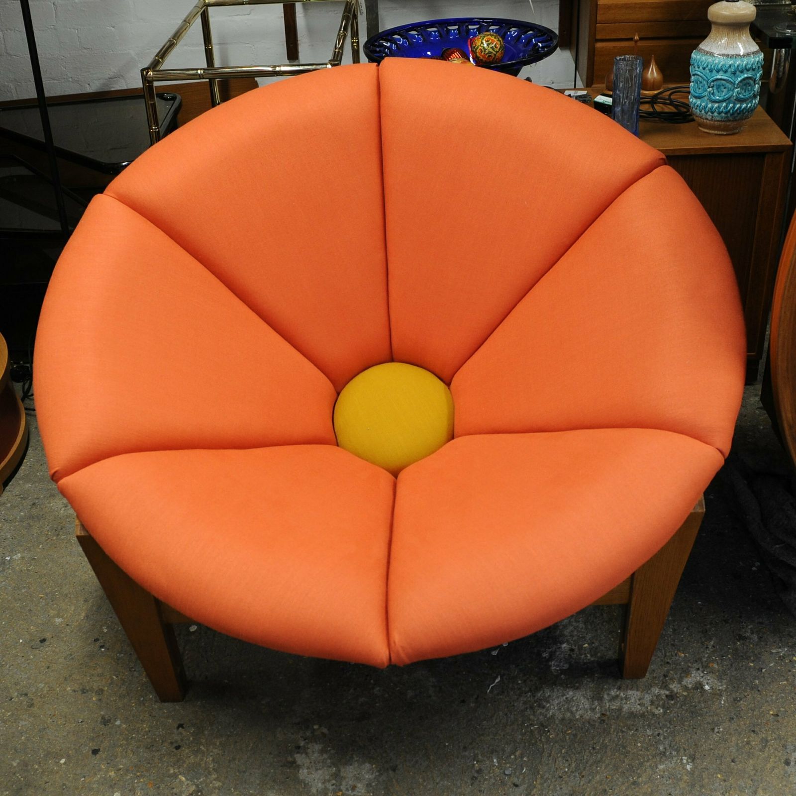 Large Mid Century Fibreglass Pink And Yellow Flower/ Daisy Chair On A Wooden Tripod Stand, 1960s photo for sale